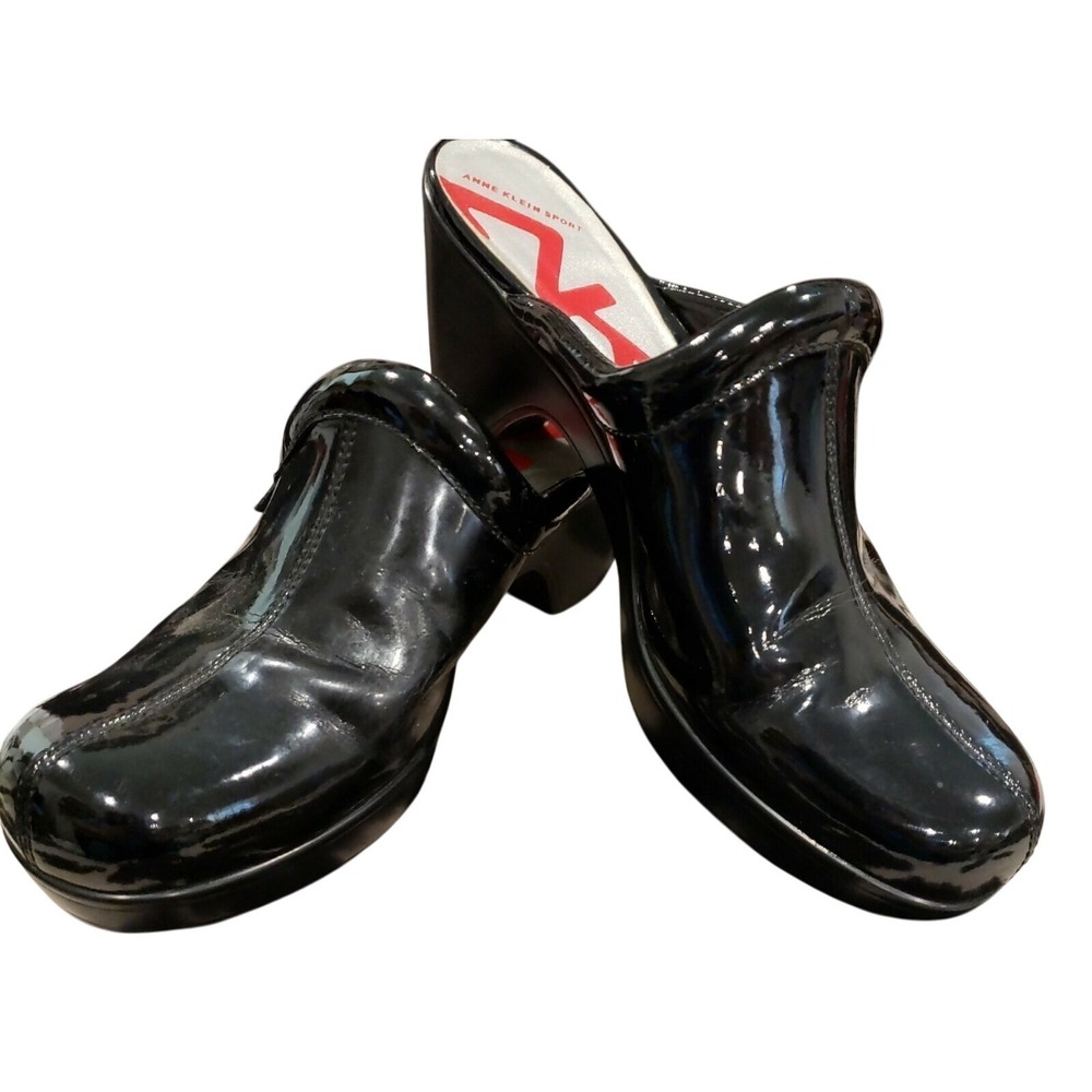 Anne Klein Sport Black Patent Leather Block Heel Clogs Mules Shoes Comfort Work